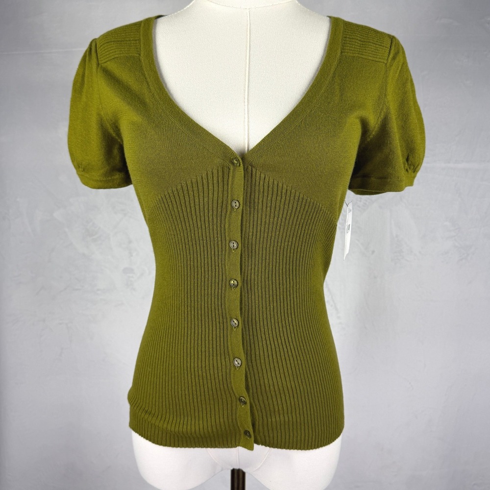 NWT Y2K Susina Olive Ribbed Cottage Knit Top Coquette Preppy Puff Sleeve Sz M‎